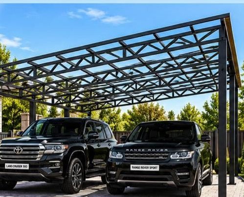 Односкатный каркас навеса 5×7 м над двумя внедорожниками