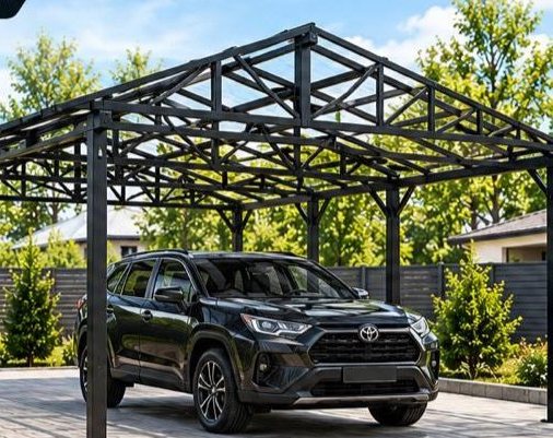 Двускатный каркас навеса 6×6 м над тёмным кроссовером на плиточной площадке