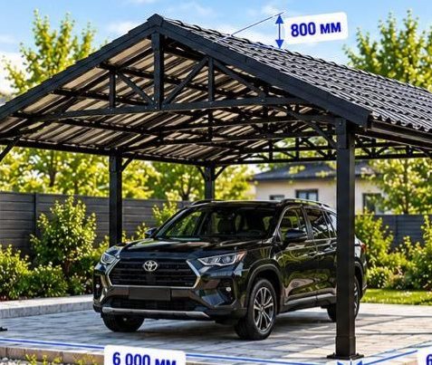 Двускатный навес 6×6 м с кровлей из металлочерепицы над тёмным кроссовером